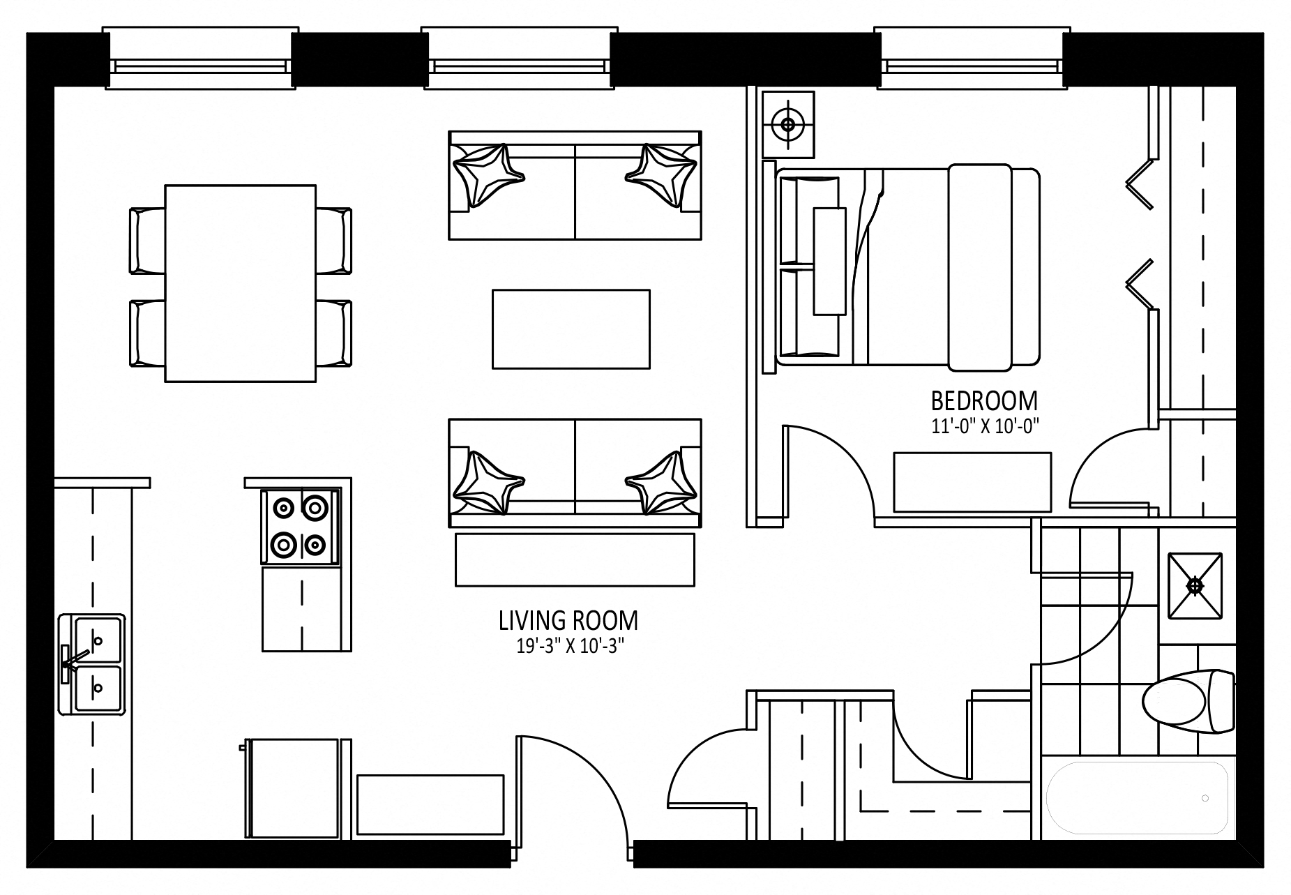 Floor plan for 1 bed, 1 bath, 646 sqft